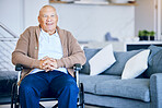 Senior man, portrait and wheelchair in retirement house with a smile from elderly care. Confidence, relax and living room room with male person with a disability from Mexico happy in a old age home
