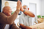 Senior game, happy and men with a high five for success, motivation or a win. Smile, together and elderly people with a hand gesture for support, goal or trust in a retirement home with solidarity