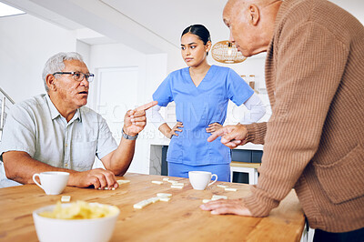 Buy stock photo Nurse, senior and fighting over a game of dominoes with people in a retirement home for assisted living. Healthcare, medical and a female medicine professional looking at upset old men arguing