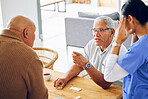 Senior people, conflict and nurse with stress or headache from working with elderly men or woman with burnout or migraine. Tired, frustrated or caregiver with fight or argument in nursing home