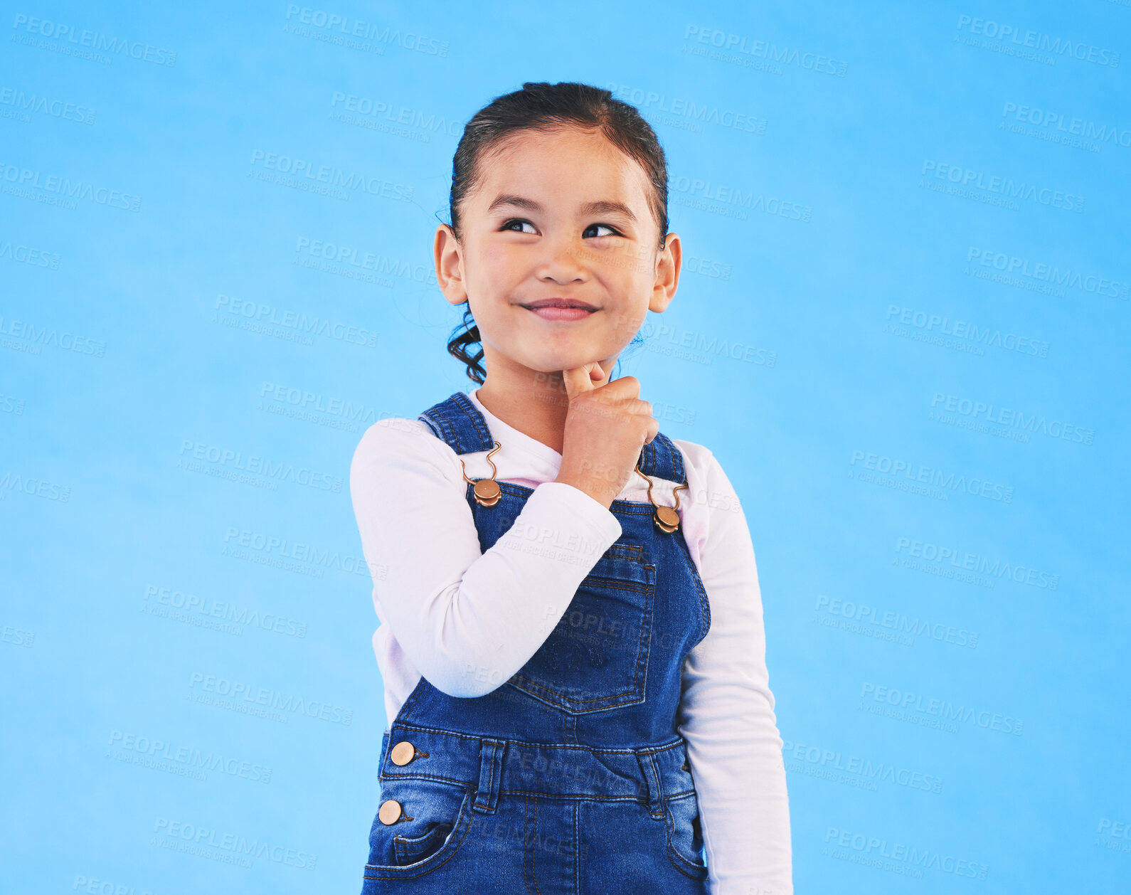 Buy stock photo Thinking, child and girl with ideas, solution and problem solving on a blue studio background. Mockup space, kid and model with planning, emoji and inspiration with decision, choice and opportunity
