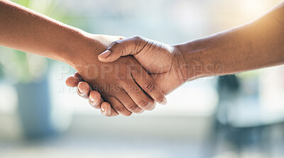 Buy stock photo Handshake, welcome and shaking hands by people meeting for partnership or agreement together as a team with trust. Greeting, accept and thank you or hello gesture for deal, collaboration and support 