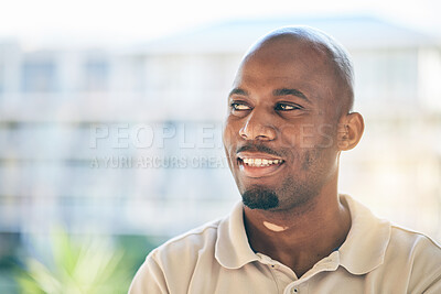 Buy stock photo Smile, thinking and businessman in office with confidence, brainstorming and positive attitude. Young, dreaming and face headshot of professional African male designer standing in a modern workplace.