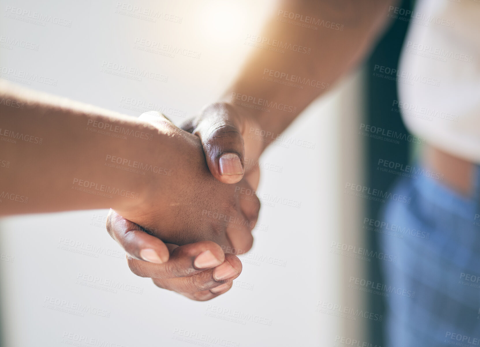 Buy stock photo Handshake, agreement and hands of people meeting introduction for partnership together as a team with trust. Greeting, accept and thank you or welcome gesture for deal, collaboration and support
