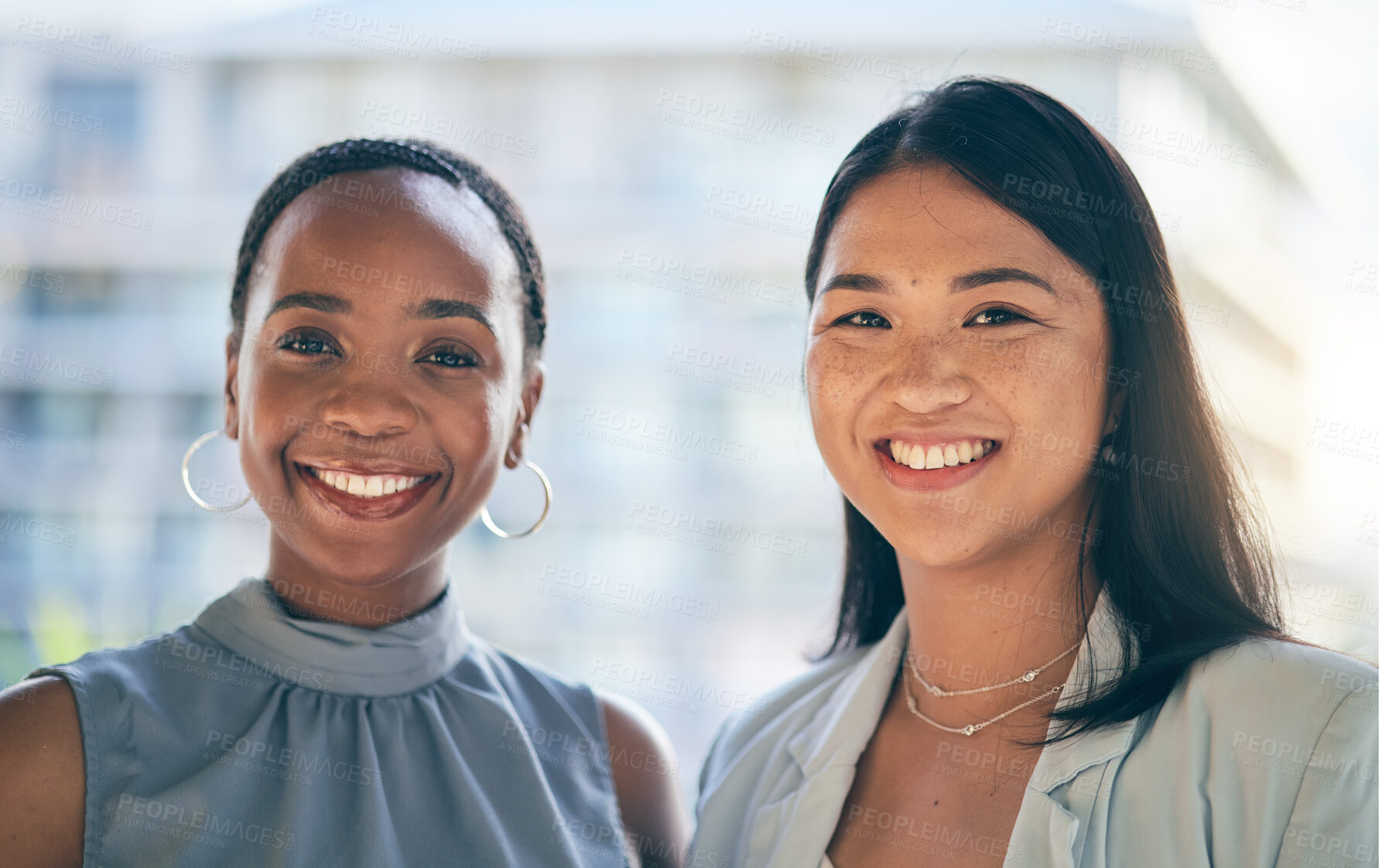 Buy stock photo Diversity, smile and portrait of women employees happy together for teamwork in an office or corporate company. Smile, confident and proud business people or friends in partnership at workplace