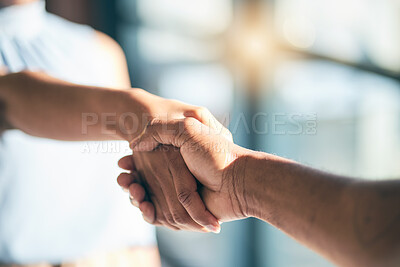 Buy stock photo Handshake, introduction and hands of people meeting for partnership or agreement together as a team with trust. Greeting, accept and thank you or welcome gesture for deal, collaboration and support