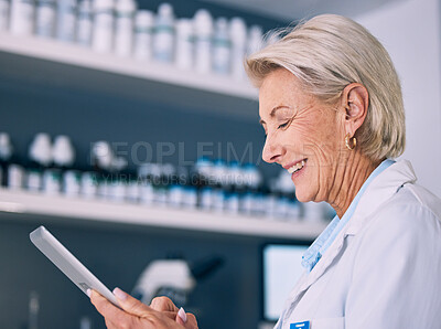 Buy stock photo Science, tablet and smile with woman in laboratory for research, medical and pharmacy. Medicine, healthcare and digital report with mature scientist reading online for email, data and results