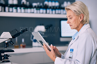 Buy stock photo Science, tablet and research with woman in laboratory for planning, medical and pharmacy. Medicine, healthcare and digital report with mature scientist reading online for email, data and result