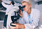 Microscope, research and woman science professional analysis on a sample or experiment in a laboratory for medical project. Scientist, equipment and expert test bacteria or DNA in a chemistry lab