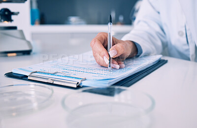 Buy stock photo Science, hand of woman in laboratory and checklist with results, inventory list and pharmaceutical study. Research, medical notes and scientist in lab writing on clipboard, analysis and information.