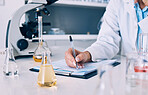 Science, hands of woman in laboratory and writing on checklist with results, inventory list and pharmaceutical study data. Chemical research, drugs and scientist in lab with clipboard, notes and info