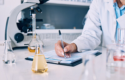 Buy stock photo Science, hands of woman in laboratory and writing on checklist with results, inventory list and pharmaceutical study data. Chemical research, drugs and scientist in lab with clipboard, notes and info