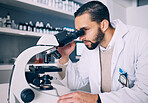 Microscope, research and man scientist looking for sample analysis or experiment in a laboratory for a medical project. Science, equipment and professional test bacteria or DNA in a chemistry lab