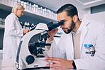 Scientist man, microscope analysis and lab for medical research, molecules or particles of bacteria at pharma job. Science team, people and vision for studying virus with pharmaceutical innovation