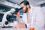 Science man, microscope and research lab for medical analysis, molecules or particles of bacteria at pharma job. Scientist, smile and thinking with vision, studying virus or pharmaceutical innovation