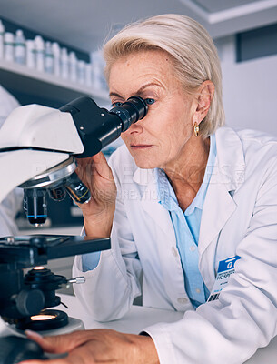 Buy stock photo Science woman, microscope analysis and lab for medical research, molecules or particles of bacteria at pharma job. Mature female scientist and vision with study virus for pharmaceutical innovation