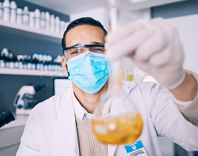 Buy stock photo Beaker chemical, science man and happy for experiment progress, lab investigation success or vaccine development. Chemistry, innovation and face of male scientist with liquid solution breakthrough