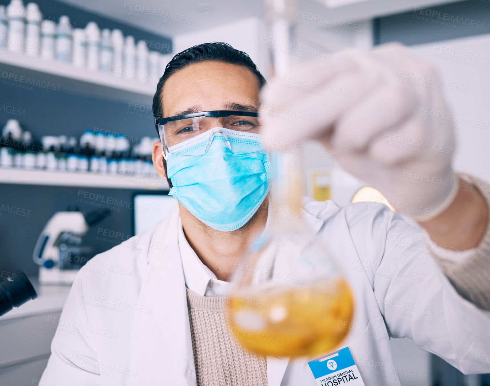 Buy stock photo Beaker chemical, science man and happy for experiment progress, lab investigation success or vaccine development. Chemistry, innovation and face of male scientist with liquid solution breakthrough