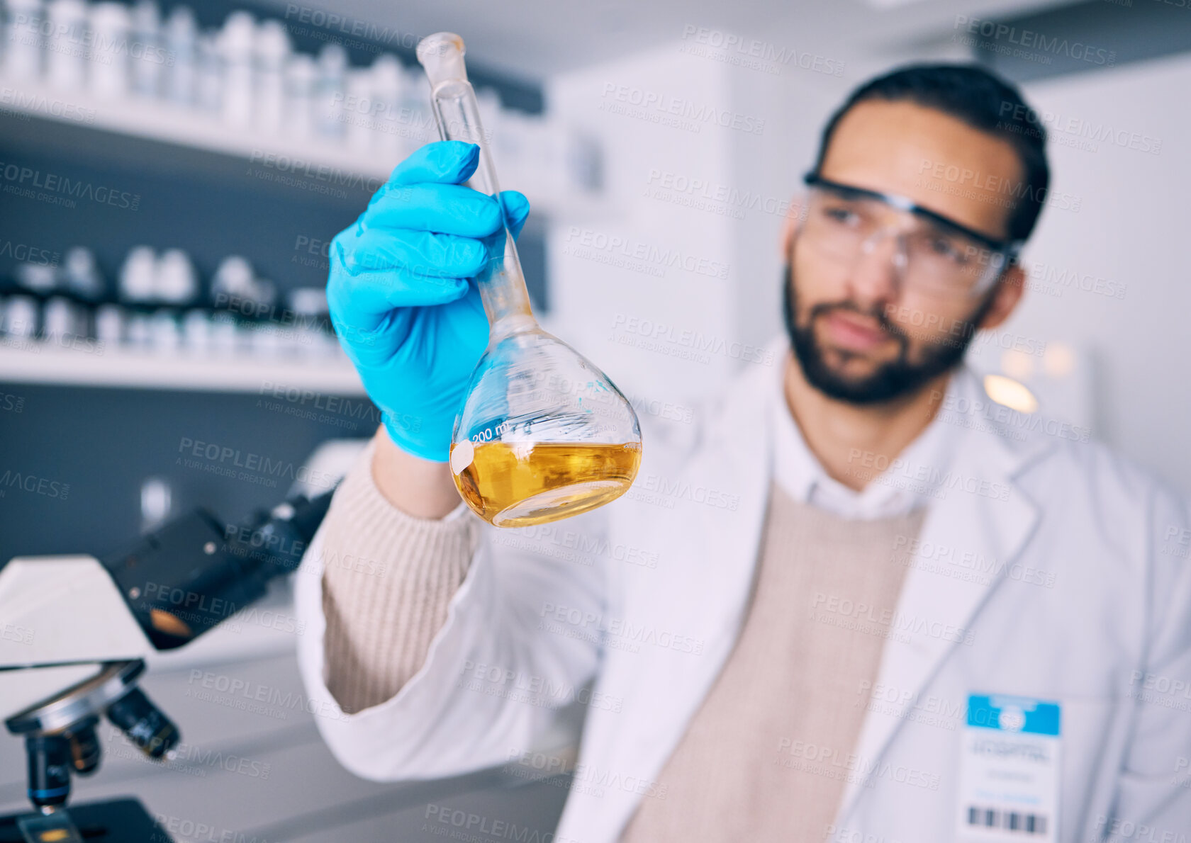 Buy stock photo Science laboratory, chemical analysis and man check medicine progress, lab research or medical development. Chemistry process, beaker experiment and male scientist investigation of liquid solution