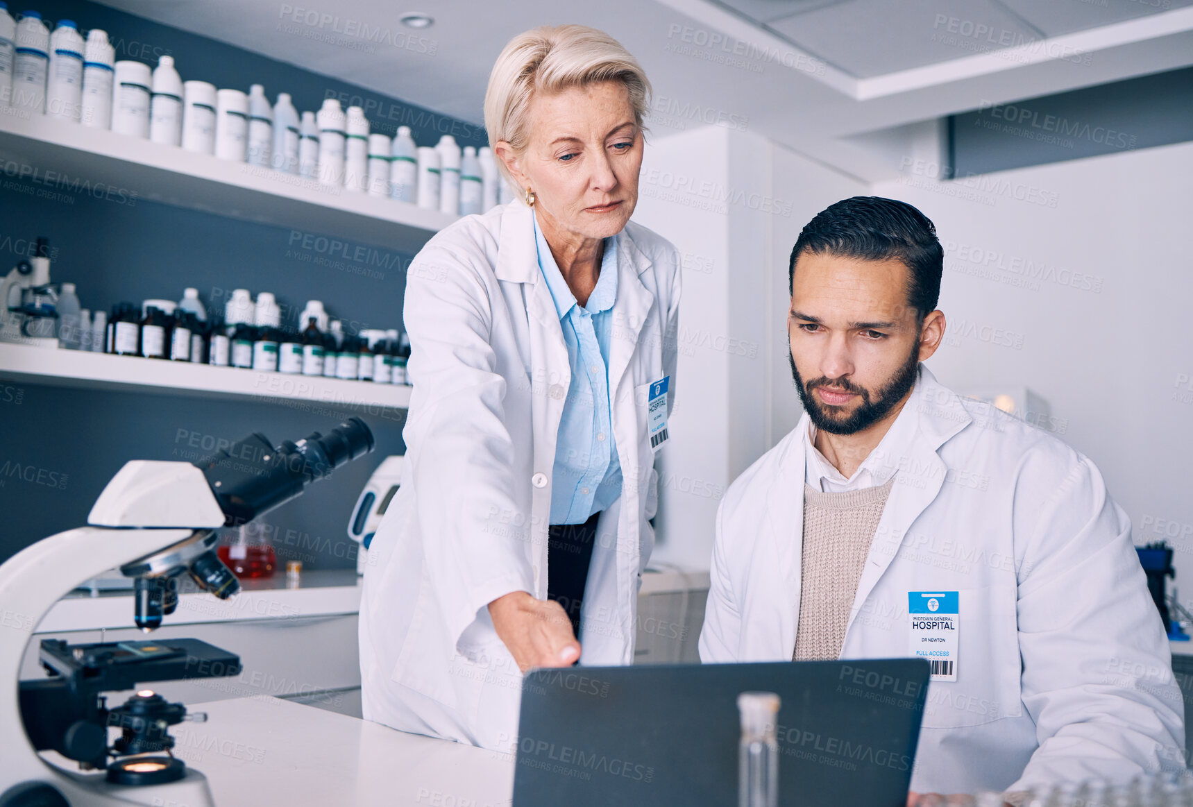 Buy stock photo Scientist, mentor and training on computer for research, data analysis and laboratory report in pharmaceutical solution. Science or medical woman and man with teamwork and medicine support on laptop