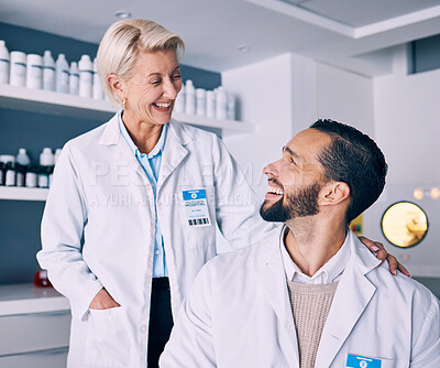 Buy stock photo Research, medical and staff with conversation, laboratory and communication with a smile, science and collaboration. Teamwork, happy researcher and scientist in a lab, innovation and biotechnology