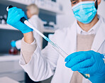 Closeup, vial and hands of a scientist for research of liquid for a chemistry test in a lab. Safety, medicine and a pharmacy employee with gear for biotechnology or a technician studying a chemical