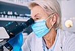 Mask, research and woman with a microscope, medical and science with experiment, check results and safety. Person, scientist and researcher with lab equipment, face cover and studying virus for cure