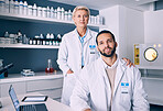 Portrait, science and a team of doctors in a laboratory for research or innovation in medicine breakthrough. Teamwork, healthcare or medical with a confident man and woman scientist in a hospital lab