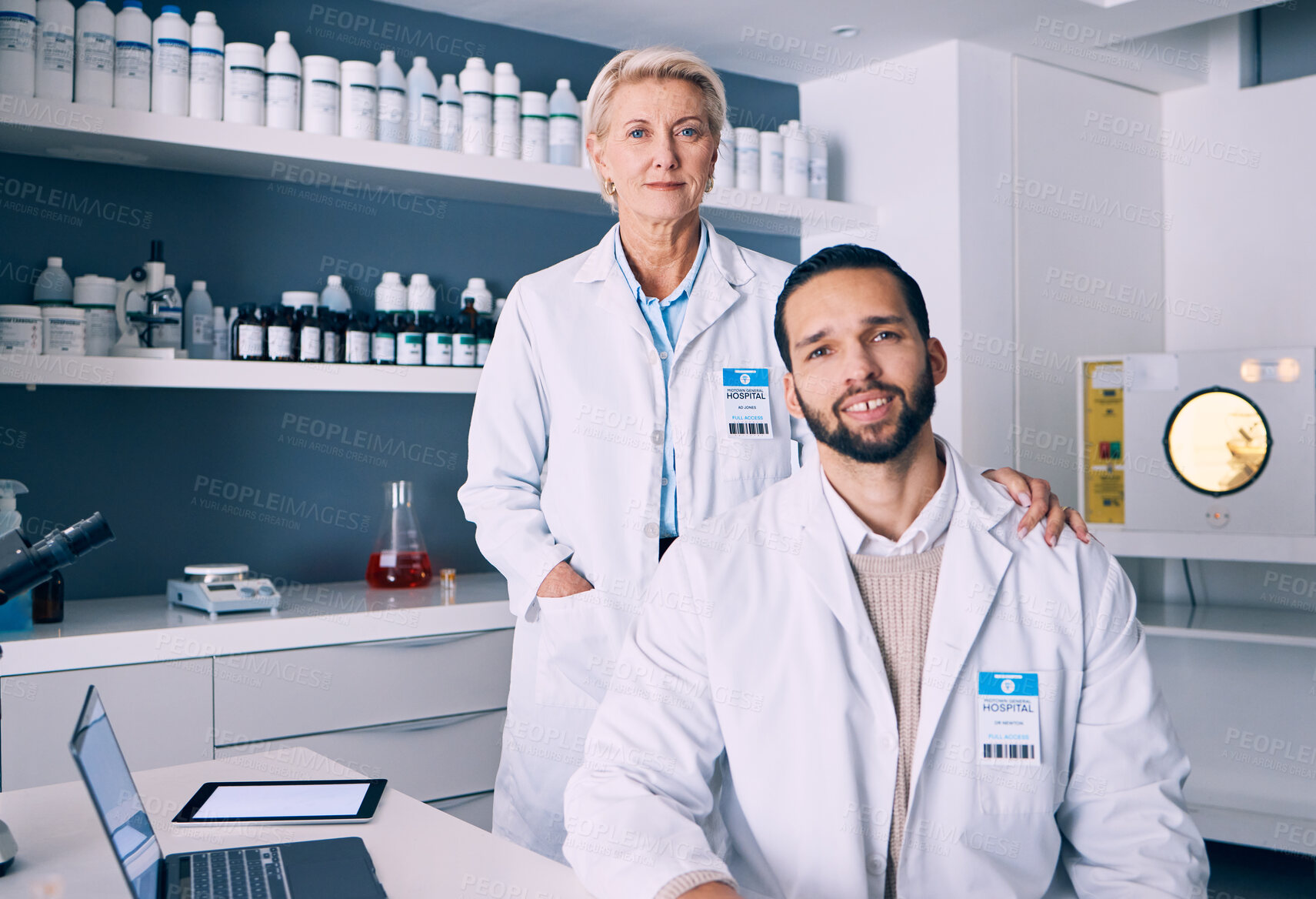 Buy stock photo Portrait, science and a team of doctors in a laboratory for research or innovation in medicine breakthrough. Teamwork, healthcare or medical with a confident man and woman scientist in a hospital lab