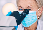 Mask, research and woman with a microscope, science and studying virus with experiment, check results and cure for bacteria. Person, scientist or researcher with lab equipment, face cover and vaccine
