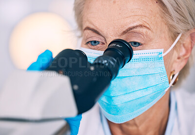 Buy stock photo Mask, research and woman with a microscope, science and studying virus with experiment, check results and cure for bacteria. Person, scientist or researcher with lab equipment, face cover and vaccine