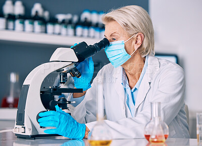 Buy stock photo Microscope, senior woman and science research with testing for a pharmaceutical or lab study. Chemistry, biometric and molecule analytics equipment for healthcare solution and check in a hospital