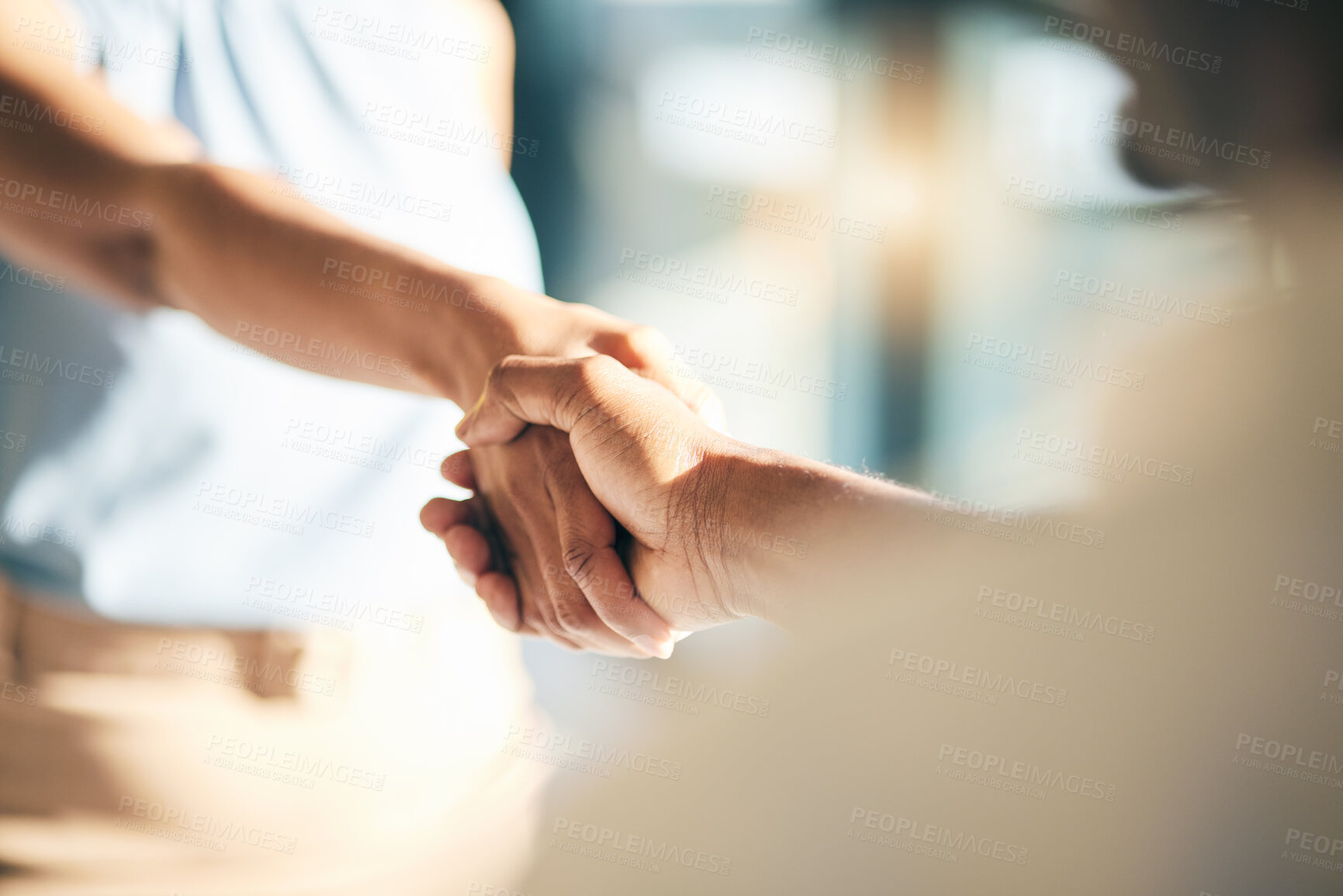 Buy stock photo Handshake, hello and hands of people meeting for partnership or agreement together as a team with trust. Greeting, accept and thank you or welcome gesture for deal, collaboration and support 