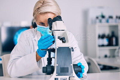 Buy stock photo Microscope, senior woman and science check with vaccine research for a pharmaceutical or medical study. Chemistry, biometric and molecule analytics for particles and virus investigation in a hospital