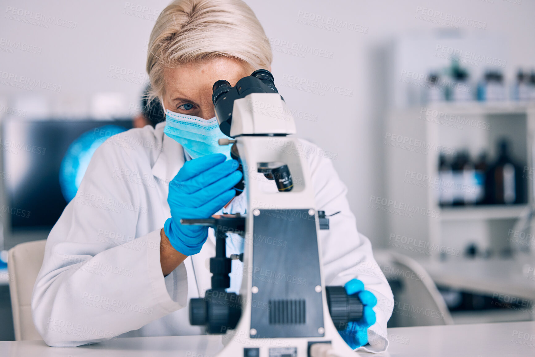 Buy stock photo Microscope, senior woman and science check with vaccine research for a pharmaceutical or medical study. Chemistry, biometric and molecule analytics for particles and virus investigation in a hospital