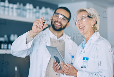 Buy stock photo Tablet, science and research team writing on glass in the laboratory for planning on innovation. Healthcare, medical and scientist doctors in a lab to study a formula together for future development