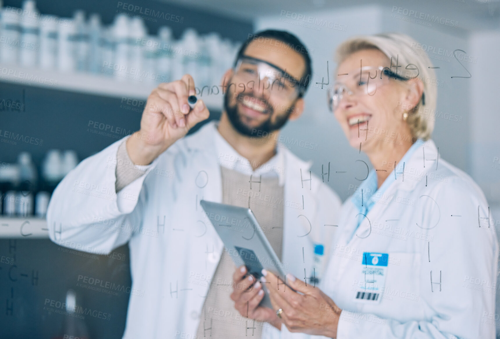 Buy stock photo Tablet, science and research team writing on glass in the laboratory for planning on innovation. Healthcare, medical and scientist doctors in a lab to study a formula together for future development