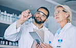 Tablet, science formula and a team writing on glass in the laboratory for planning on innovation. Healthcare, medical and scientist doctors in a lab to study research together for future development