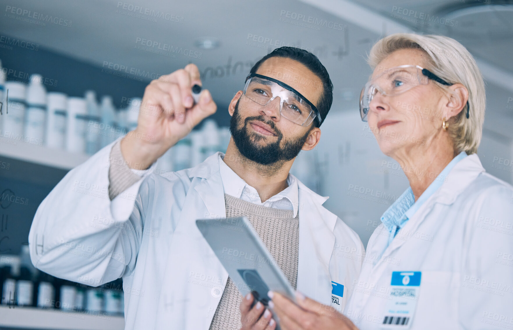 Buy stock photo Tablet, science formula and a team writing on glass in the laboratory for planning on innovation. Healthcare, medical and scientist doctors in a lab to study research together for future development