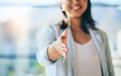 Buy stock photo Closeup, corporate and woman with handshake, agreement and contract with collaboration, b2b meeting and welcome. Hello, person or professional shaking hands for cooperation, onboarding or negotiation