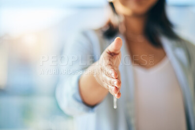 Buy stock photo Closeup hand, business and woman with handshake, partnership and agreement with professional, b2b meeting and welcome. Hello, person and employee shaking hands for cooperation, onboarding and deal