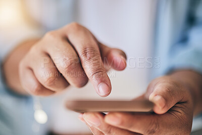 Buy stock photo Phone, finger and hands typing online for social media, browse internet and scrolling website. Technology, networking and closeup of person on smartphone for connection, chatting and mobile app