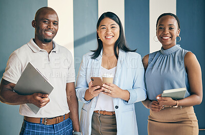 Buy stock photo Smile, happy and portrait of business people in the office with confidence and happiness. Diversity, career and face of a team of professional young creative designers standing in a modern workplace.