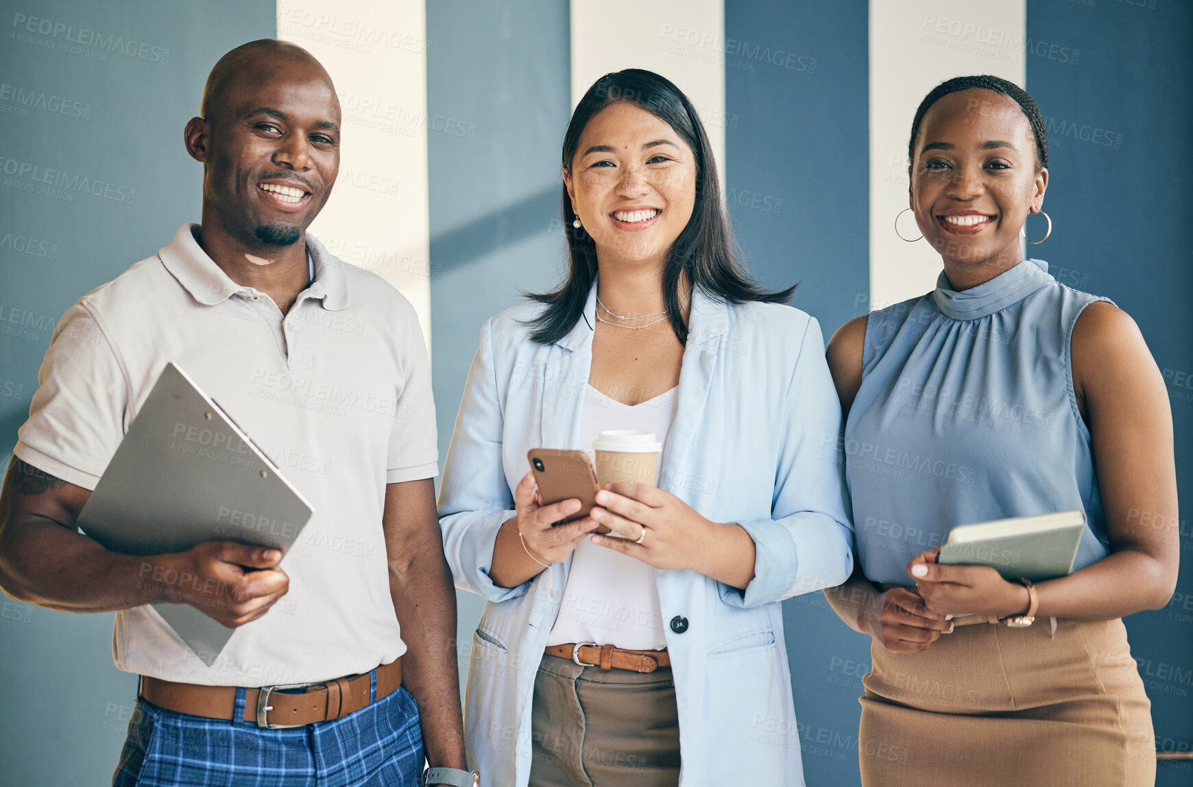 Buy stock photo Smile, happy and portrait of business people in the office with confidence and happiness. Diversity, career and face of a team of professional young creative designers standing in a modern workplace.