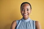 Face, happy and black woman, designer and entrepreneur in studio isolated on a yellow background mockup space. Portrait, smile and creative African professional, worker or startup employee in Kenya
