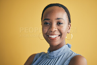 Buy stock photo Portrait, business and black woman with a smile, career and entrepreneur on a yellow studio background. Face, happy person and employee with a startup, professional and empowerment with mockup space