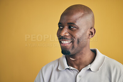 Buy stock photo Thinking, happy and black man in creative business studio isolated on a yellow background mockup space. Vision, smile and African designer, entrepreneur and employee worker planning startup idea.
