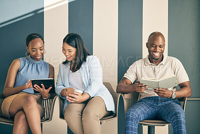 Buy stock photo Business people, waiting room and tablet for job search, communication and collaboration or teamwork in marketing. Happy professional man and woman on digital tech, notebook and recruitment planning