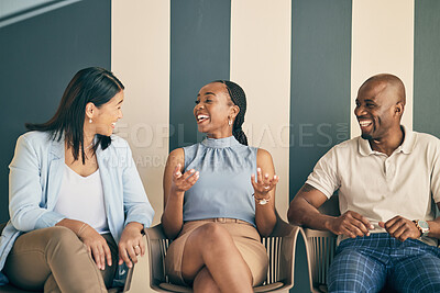 Buy stock photo Recruitment, happy and business people with conversation, ideas and waiting for job interviews. Group, staff and coworkers in a queue, communication and talking with a smile, hiring and diversity