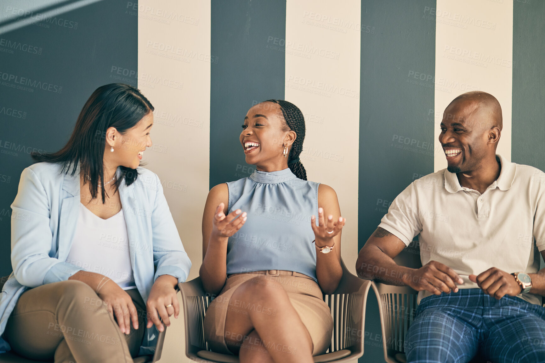 Buy stock photo Recruitment, happy and business people with conversation, ideas and waiting for job interviews. Group, staff and coworkers in a queue, communication and talking with a smile, hiring and diversity